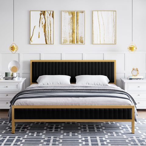 Homfa Queen Size Bed, Gold Metal Platform Bed Frame with Upholstered Headboard, Black Finish