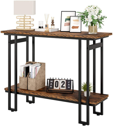 Industrial Console Table, Sofa Side End Table with 2 Storage Shelves, TV Stand Entertainment Center Media Stand, for Living Room Bedroom Entryway, Rustic Brown