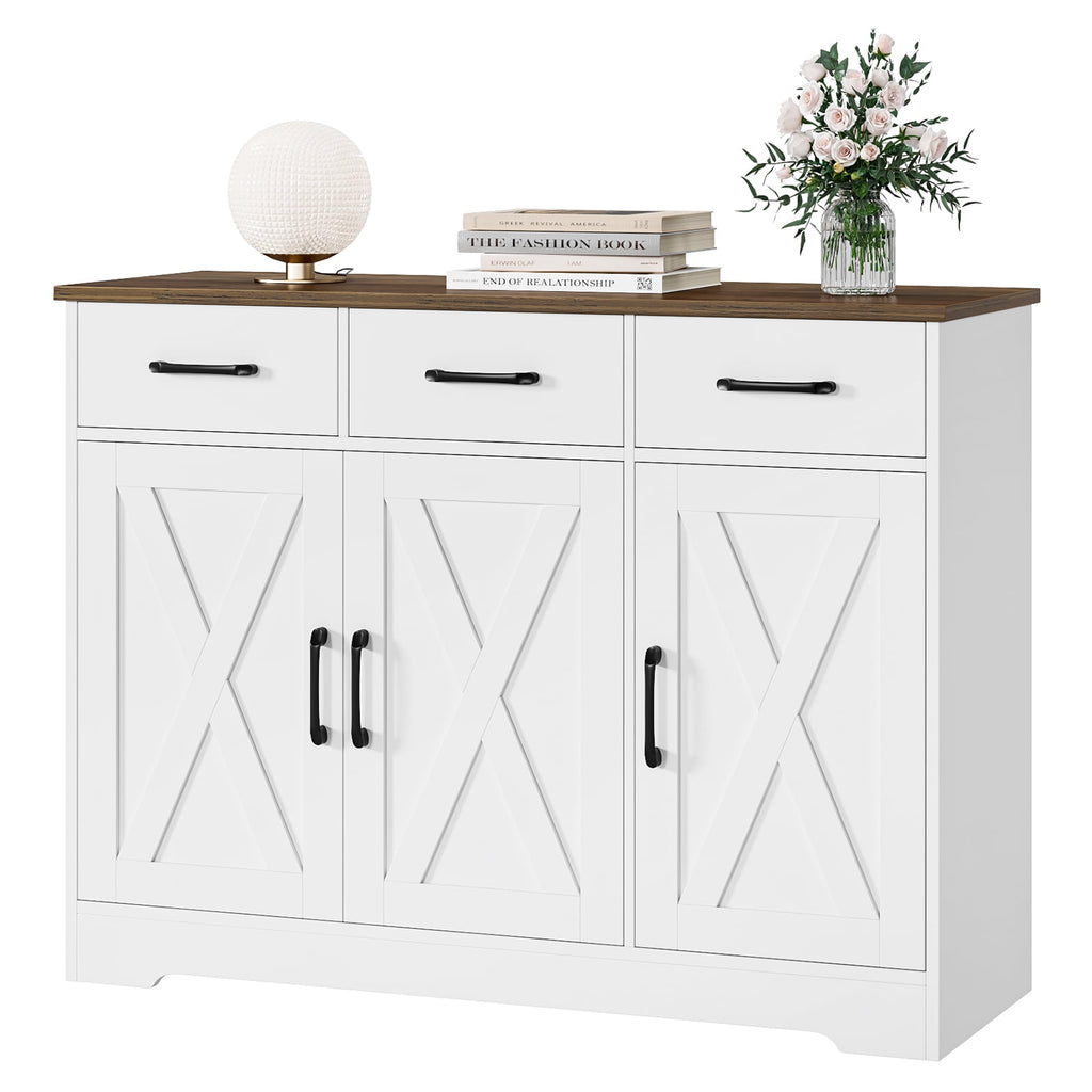 Homfa 42.5¡®¡¯ Kitchen Buffet Sideboard Cabinet, 3 Drawers Farmhouse Wood  Coffee Bar Storage Cabinet with Adjustable Shelf, White