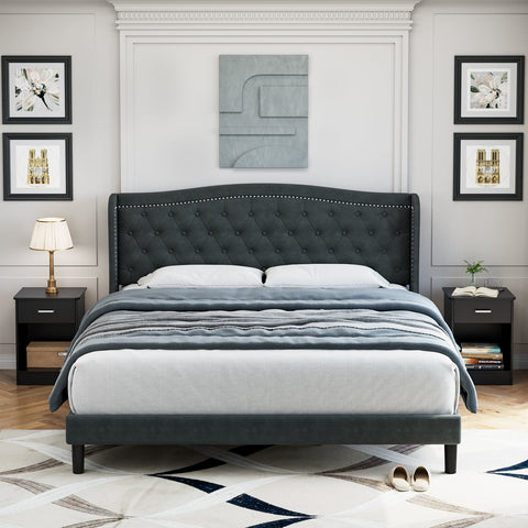 Homfa King Size Bed Frame, Modern Bed Frame with Wing-Back Button Tufted Upholstered Headboard, Wood Slat Support, Dark Gray