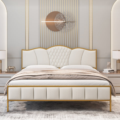 Homfa White Gold King Size Bed Frame, Modern Luxury Linen Upholstered Platform Bed Frame with Tufted Headboard, Noise Free