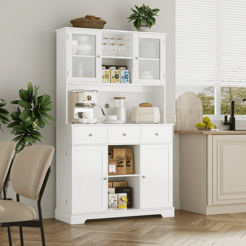 Homfa 3 Drawer Large Kitchen Pantry with Glass Door, Freestanding Storage Cabinet with Wine Compartment, White