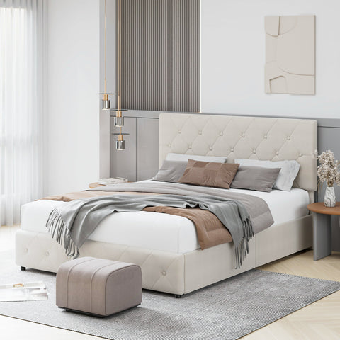 Homfa Tufted Storage Platform Bed Frame, Full White Bed Frame with 4 Drawers, Upholstered with Adjustable Headboard