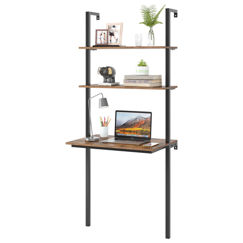 Homfa 3-tier Bookcase, Floating Wall Mount Shelf, Wood Industrial Ladder Rack with Metal Frame, 71.7'' H x 29.9'' W , Rustic Brown Finish
