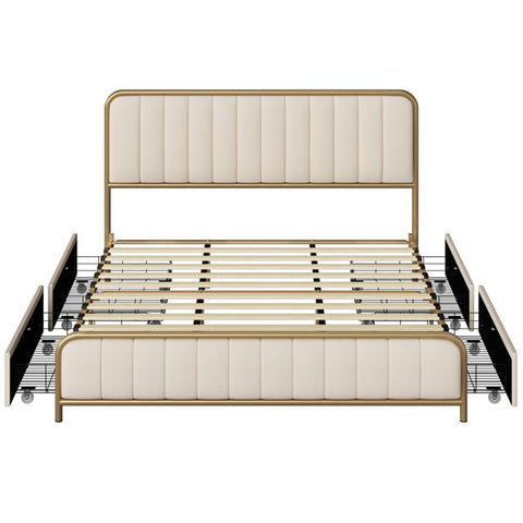 Homfa King Size Bed, Platform Bed Frame with 4 Storage Drawers, Tufted Upholstered Headboard, Beige