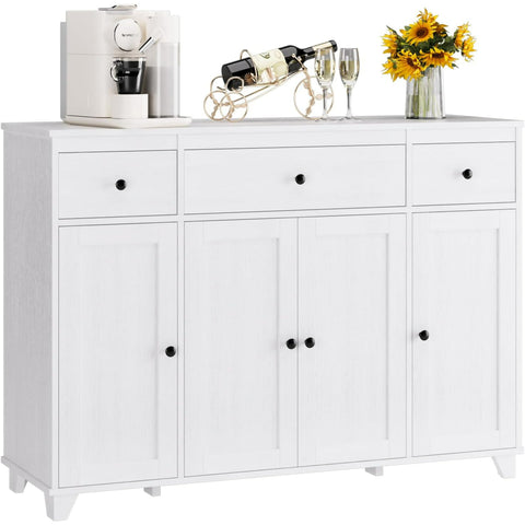 Homfa 47??¨¤ White Sideboard, Wooden Buffet Storage Cabinet with Drawers & Doors for Dining Room Kitchen