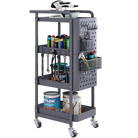 Homfa 4-Tier Rolling Utility Carts with Lockable Wheels, Metal Craft Cart with 2 DIY Pegboard, Bathroom Rolling Cart with Extra 7 Hooks and 2 Baskets, Kitchen Living Room, Grey