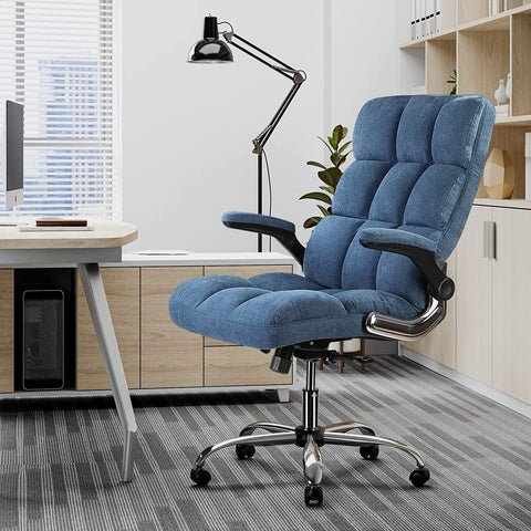 Big & Tall Velvet Linen Office Chair with High Back, Comfortable Computer Chair with Adjustable Tilt Angle and Flip-up Arms, Executive Office Chair with Thick Padding and Ergonomic Design, Dark Blue
