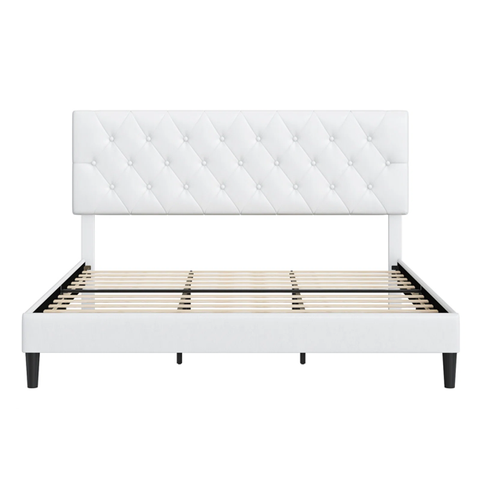 Homfa Full Size Bed, Modern Bed Frame with PU Leather Upholstered Headboard, Wood Slat Support, White Finish