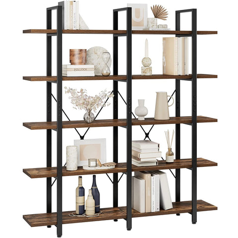 Homfa Double Wide 5 Tier Bookshelf, Industrial Bookcase with Metal Frame, Open Storage and Display Rack for Home Office, Rustic Brown and Black