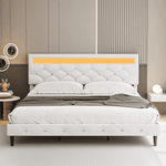 Homfa King Size LED Bed, LED Lights Upholstered Bed Frame with Adjustable Crystal Button Tufted Headboard, White