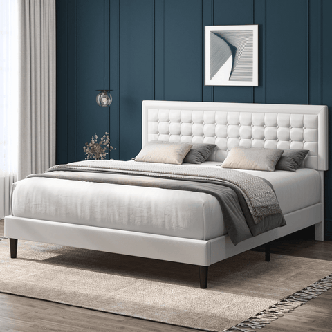 Homfa Queen Size Bed, Button PU Leather Upholstered Platform Bed Frame with Adjustable Headboard, White