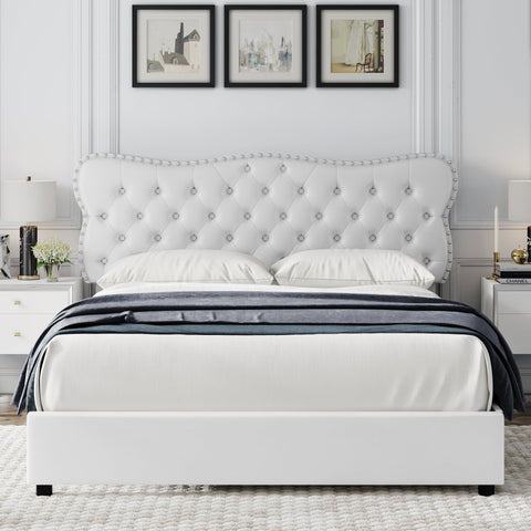 Homfa White Queen Bed Frame with Drawer, PU Leather Upholstered Storage Platform Bed Frame with Button Tufted Headboard, Noise Free