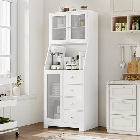 Homfa 64.1'' Kitchen Pantry with Microwave Shelf, 4 Drawers Storage Cabinets with Glass Door for Dining Room, White