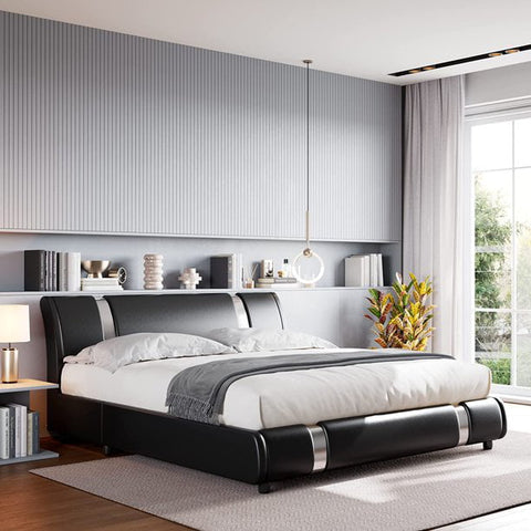 Homfa King Size Bed Frame, Modern Leather Upholstered Platform Bed Frame with Adjustable Headboard, Black