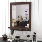 Homfa Wall Mirror with Shelf, 3 Hanging Hooks of Wood Frame Bathroom Mirror, Dark Brown