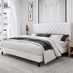 Homfa Faux Leather Upholstered Platform Bed Frame with Adjustable Diamond Button Tufted Headboard, Wooden Slats Support, Mattress Foundation, No Box Spring Needed, Easy Assembly, Full Size, White