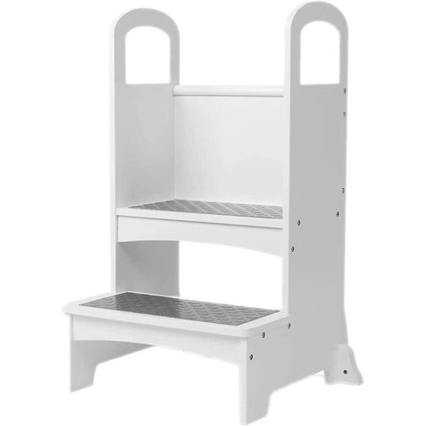 Homfa Children's Kitchen Stool, Wooden Two-step Standing Platform with Support Handles and Anti-slip Mat, Children's Foot Stool Standing Tower, White
