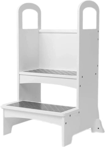 Homfa Children's Kitchen Stool, Wooden Two-step Standing Platform with Support Handles and Anti-slip Mat, Children's  Foot Stool Standing Tower, White