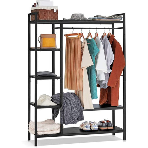 Freestanding Closet Organizer Heavy Duty Clothing Rack with Shelves, Industrial Wood Wardrobe Garment Rack for Hanging Clothes and Storage, Black