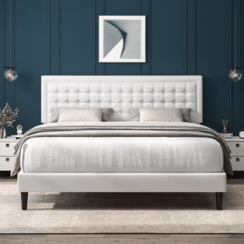 Homfa King Size Bed, Button PU Leather Upholstered Platform Bed Frame with Adjustable Headboard, No Box Spring Needed, Easy Assembly, White