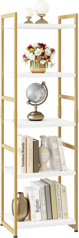 Homfa 5 Tier Gold and White Bookshelf, Tall Freestanding Storage Shelf with Metal Frame for Living Room