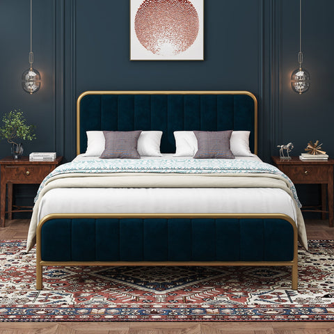 Homfa King Size Bed Frame, Metal Tubular Platform Bed Frame with Upholstered Headboard, Blue