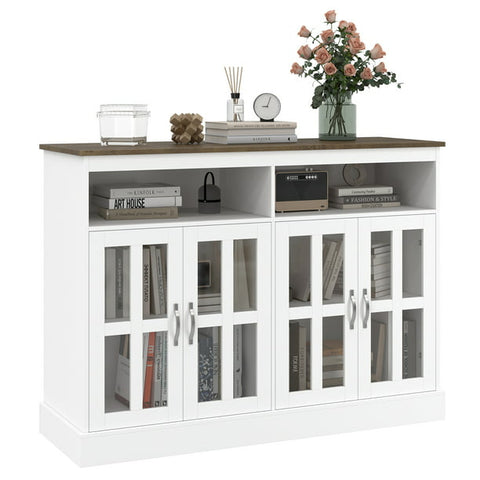 Homfa White Sideboard with Glass Doors, Storage Cabinet with Hutch, Buffet Cabinet for Dining Room