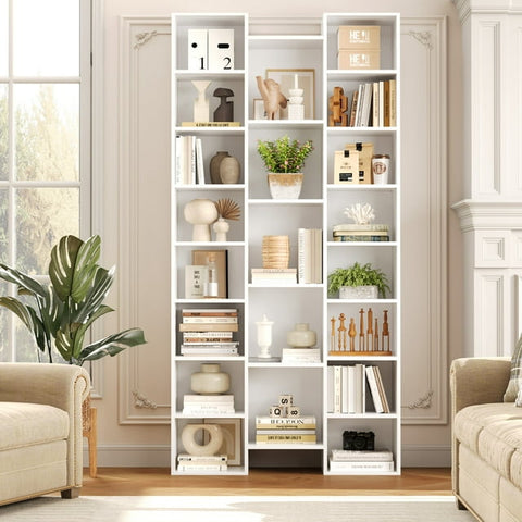 Homfa 21-Cube Wood Bookcases with Adjustable Shelves, Triple Width Industrial Bookshelves CD Display Storage Rack, White