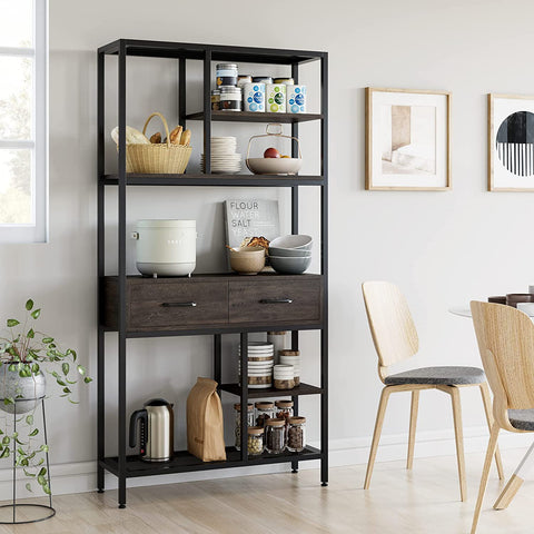 Homfa 5-tier Iron Bookcase with 2 Drawers, Industrial Tall Bookshelf with 7 open storage shelves, Free Standing Display shelf with Metal Frame, Dark Brown