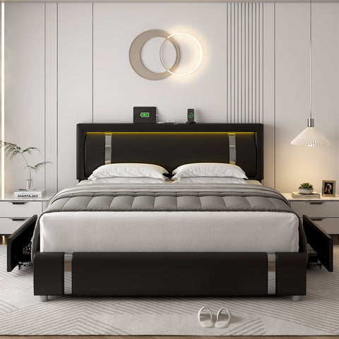 Homfa Full Size LED Bed Frame with 2 Storage Drawers, Modern Leather Upholstered Platform Bed Frame with Adjustable Headboard, Black