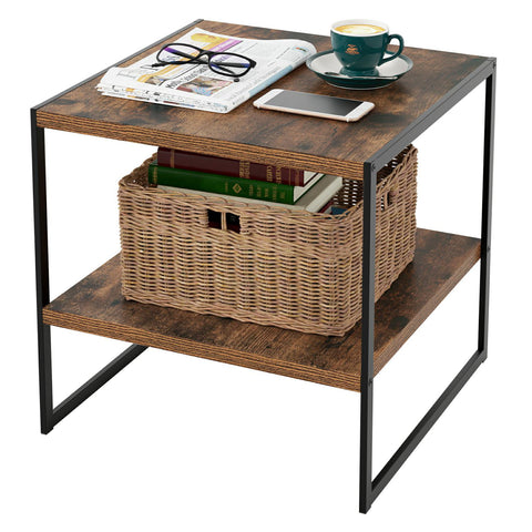 Homfa 2-Tier Nightstand, Industrial Sofa End Table with Storage Shelf Metal Frame for Living Room Bedroom, Rustic Brown