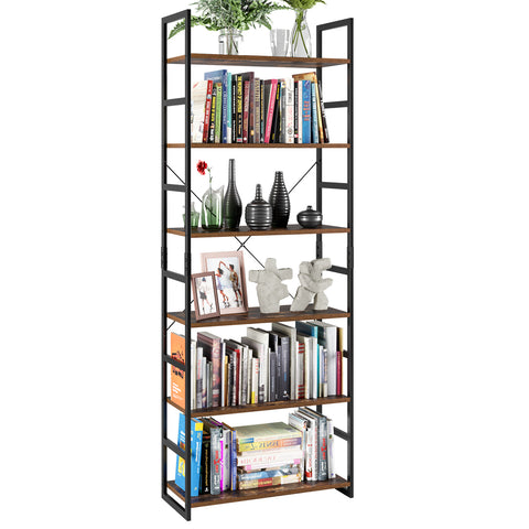 6-tier Bookcase, Tall Storage Rack, Wood Bookshelf with Metal Frame, Rustic Brown Finish