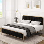 Homfa Queen Size Bed Frame, Round Metal Tube Heavy Duty Bed Frame with Tufted Upholstered Headboard, Gold and Black