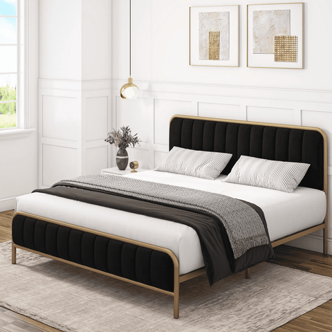 Homfa King Size Bed Frame, Round Metal Tube Heavy Duty Bed Frame with Tufted Upholstered Headboard, Gold and Black
