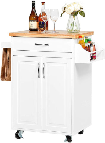 Homfa Kitchen Island on Wheels, Rolling Kitchen Cart with Spice Rack Towel Rack, with Large Drawer and Storage Cabinet, Solid Rubber Wood Top, White, 31.5L x 18.9W x35.4H
