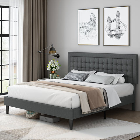 Homfa Queen Bed Frame, Button Tufted Upholstered Platform with Adjustable Headboard, Mattress Foundation with Sturdy Frame, Dark Grey
