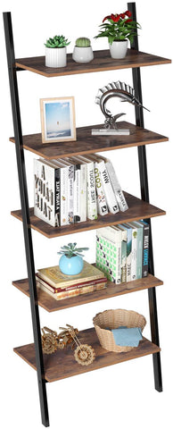 Homfa 5-Tier Industrial Ladder Shelf, Wall Mount Bookcase Plant Flower Stand, Storage Organizer Display Rack with Metal Frame for Home Office, Rustic Brown Finish
