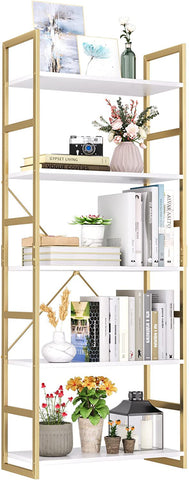 Homfa 5-Tier Gold Bookshelf, Modern Free Standing Storage shelf with Metal Frame for Living Room, White and Gold Finish