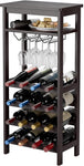 Bamboo Wine Rack, Free Standing Wine Diplay Shelves with Glass Holder Rack, Open Shelf & 16 Bottles Holder, Wobble-Free Wine Bottle Organizer Shelf, Espresso