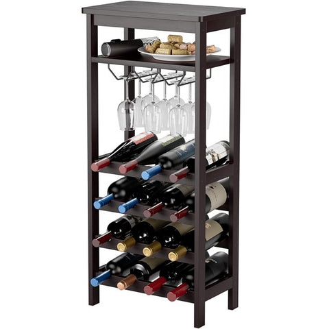 Bamboo Wine Rack, Free Standing Wine Display Shelves with Glass Holder Rack, Open Shelf & 16 Bottles Holder, Wobble-Free Wine Bottle Organizer Shelf, Espresso