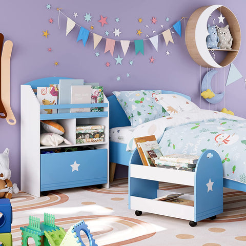 Homfa Kids Bookshelf with Drawers, Toy Storage Organizer with Rolling Carts, Bookcase for Kids Bedroom, Blue and White