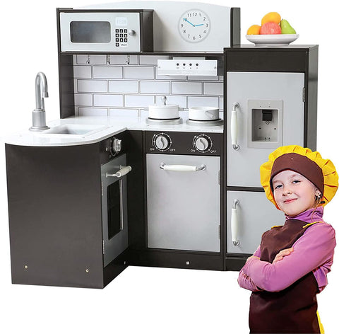 Homfa Kids Kitchen Playset Girls&Boys| Pretend Cooking Toy Kitchen Set| Wooden Toddler Kitchen Set| Espresso Corner Play Kitchen for Toddler Kids Gift