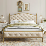 Homfa King Size Bed, Platform Bed Frame with Tufted Upholstered Headboard, Beige