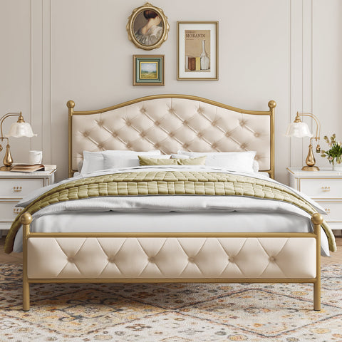 Homfa Queen Size Bed Frame, Metal Tubular Platform Bed with Button Tufted Upholstered Headboard, No Box Spring Needed, Easy Assembly, Beige
