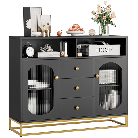 Homfa Sideboard Storage Cabinet with 3 Drawers & 2 Glass Doors, 47.2'' Wide Buffet Cabinet for Kitchen Dining Room, Black