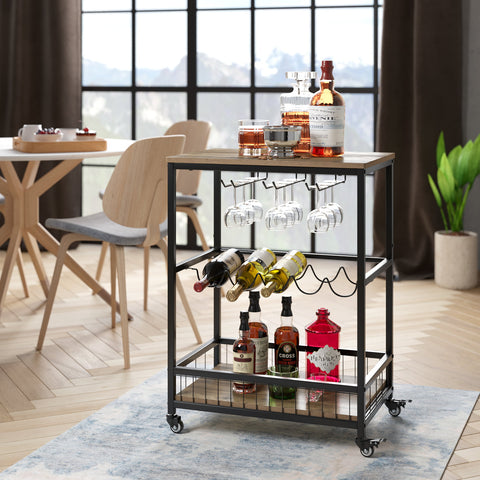 Homfa Wine Bar Cart, Small Rolling Serving Cart with Wine Rack and Glass Holders for Home Kitchen, Rustic Brown Finish