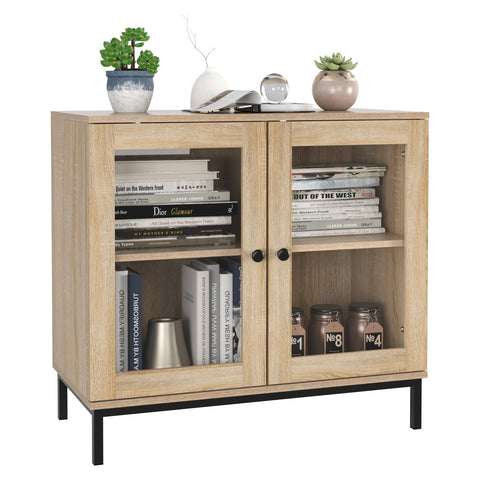 Homfa Wide Accent Cabinet with Glass Doors, Adjustable Shelves Display Cabinet with Metal Base, Oak
