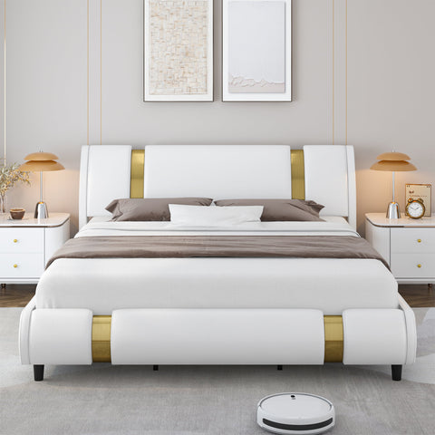 Homfa King Size Bed Frame, Modern Leather Upholstered Platform Bed Frame with Adjustable Headboard, White & Gold