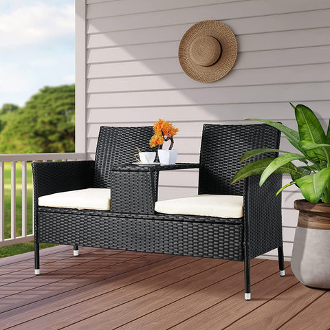 Homfa Wicker Furniture Set for Two-seater Sofa, with Removable Cushions and Rattan Table for Wicker Sofa, Tempered Glass Table, Black